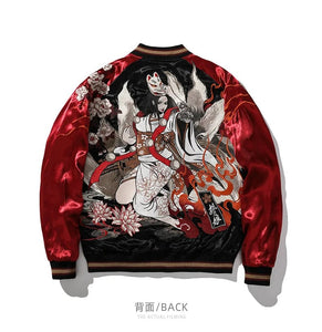 Hyper-premiums embroidery kitsune masked geisha sukajan jacket