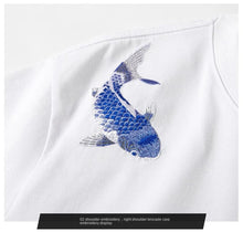 Load image into Gallery viewer, Blue twin carp embroidery T-shirt