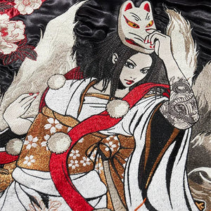 Hyper-premiums embroidery kitsune masked geisha sukajan jacket