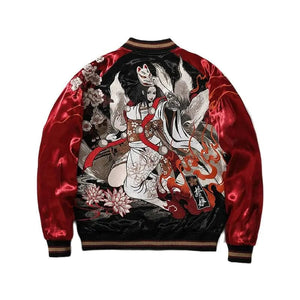 Hyper-premiums embroidery kitsune masked geisha sukajan jacket