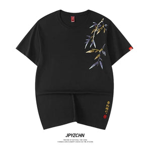 Embroidery tranquil bamboo branch T-shirt