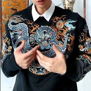 Embroidery blue flame dragon long sleeve sweatshirt