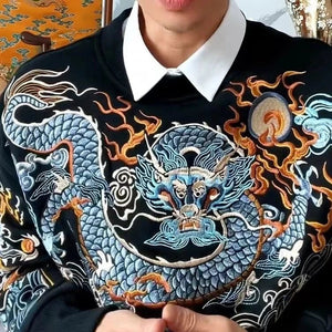 Embroidery blue flame dragon long sleeve sweatshirt