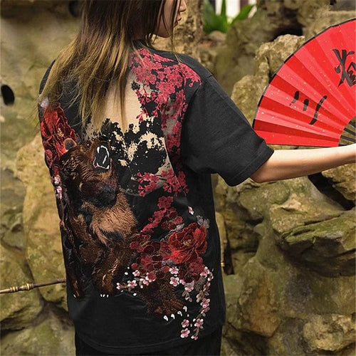 Hyper premium embroidery fierce bear sakura T-shirt