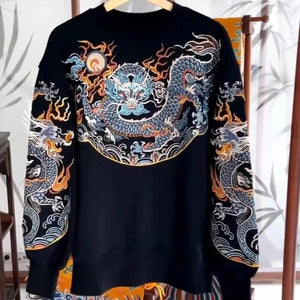 Embroidery blue flame dragon long sleeve sweatshirt