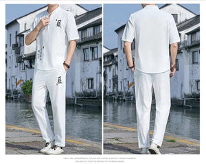 Tang kanji text linen shirt pants set