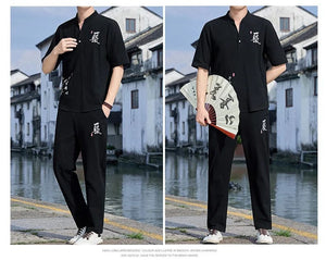 Tang kanji text linen shirt pants set