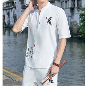 Tang kanji text linen shirt pants set