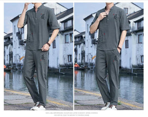 Tang kanji text linen shirt pants set