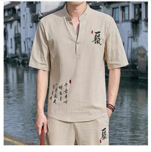 Tang kanji text linen shirt pants set