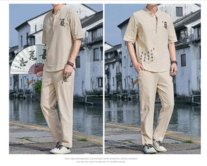 Tang kanji text linen shirt pants set