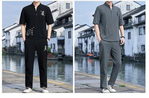 Tang kanji text linen shirt pants set