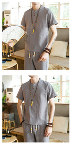 Tang kanji text linen shirt pants set