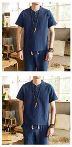 Tang kanji text linen shirt pants set