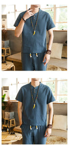 Tang kanji text linen shirt pants set