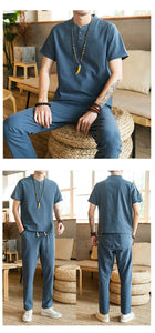 Tang kanji text linen shirt pants set