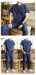 Tang kanji text linen shirt pants set