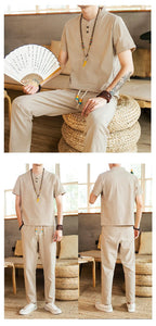 Tang kanji text linen shirt pants set