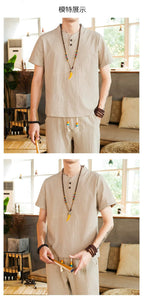 Tang kanji text linen shirt pants set