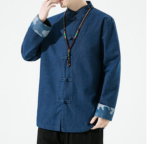 Denim Tang Dynasty wave design cuff jacket