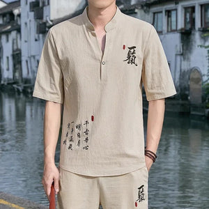 Tang kanji text linen shirt pants set