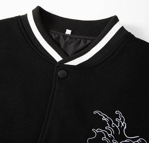 Blue whale tsunami embroidery baseball jacket