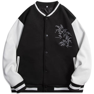 Blue whale tsunami embroidery baseball jacket