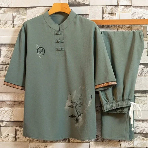 Calligraphy brush Tang shirt and pants set