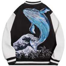 Load image into Gallery viewer, Blue whale tsunami embroidery baseball jacket