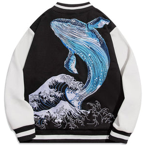 Blue whale tsunami embroidery baseball jacket