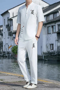 Tang kanji text linen shirt pants set