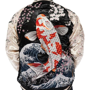Hyper premium embroidery fish carp sukajan souvenir jacket 2 sided reversible