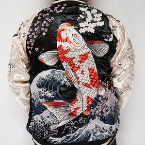 Hyper premium embroidery fish carp sukajan souvenir jacket 2 sided reversible