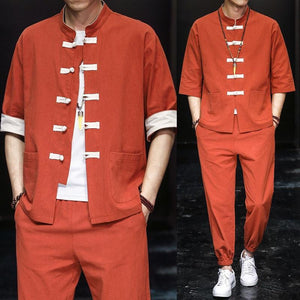 Solid style Chinese Tang shirt + pants set