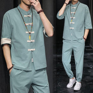 Solid style Chinese Tang shirt + pants set