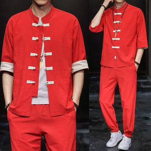 Solid style Chinese Tang shirt + pants set