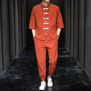 Solid style Chinese Tang shirt + pants set