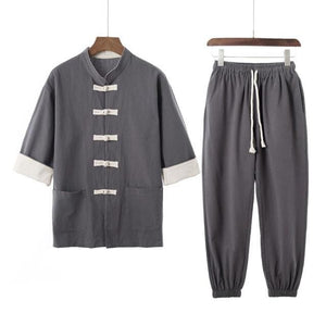 Solid style Chinese Tang shirt + pants set