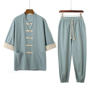 Solid style Chinese Tang shirt + pants set