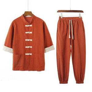 Solid style Chinese Tang shirt + pants set