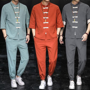 Solid style Chinese Tang shirt + pants set