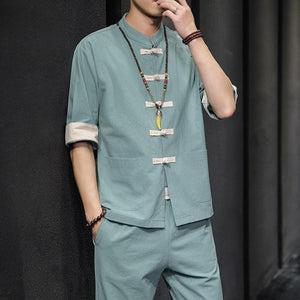 Solid style Chinese Tang shirt + pants set