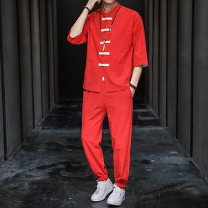 Solid style Chinese Tang shirt + pants set