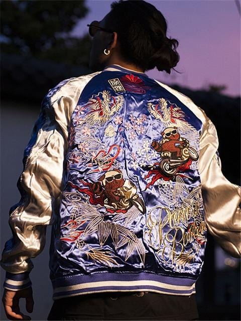 Mens Souvenir bomber Jacket Japanese Pattern Embroidery Sukajan Velvet  Dragon 