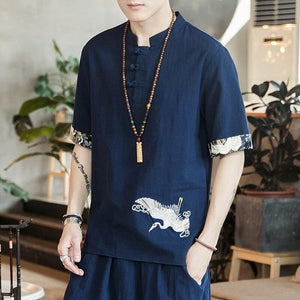 Half button single crane Tang shirt