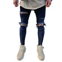 Load image into Gallery viewer, Distressed biker skinny jeans zipper leg