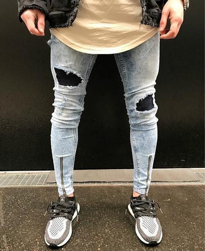 Distressed biker skinny jeans zipper leg