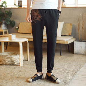 Carbon black Tang Dynasty inspired sweatpants dragon design