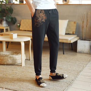 Carbon black Tang Dynasty inspired sweatpants dragon design