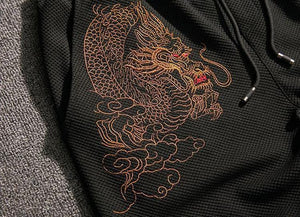 Carbon black Tang Dynasty inspired sweatpants dragon design